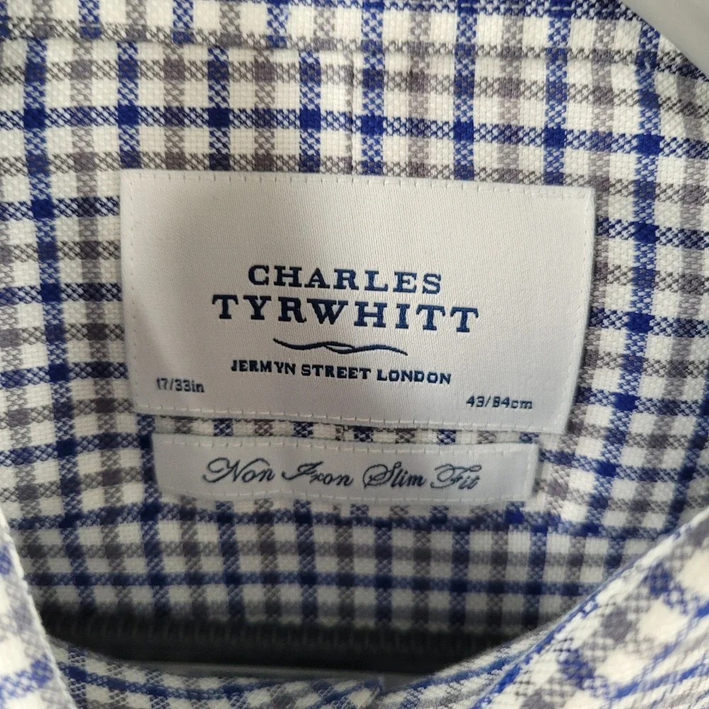 Charles Tyrwhitt Non-Iron Slim Fit Shirt Blue Grey Check 17/33 Mens Dress Shirt